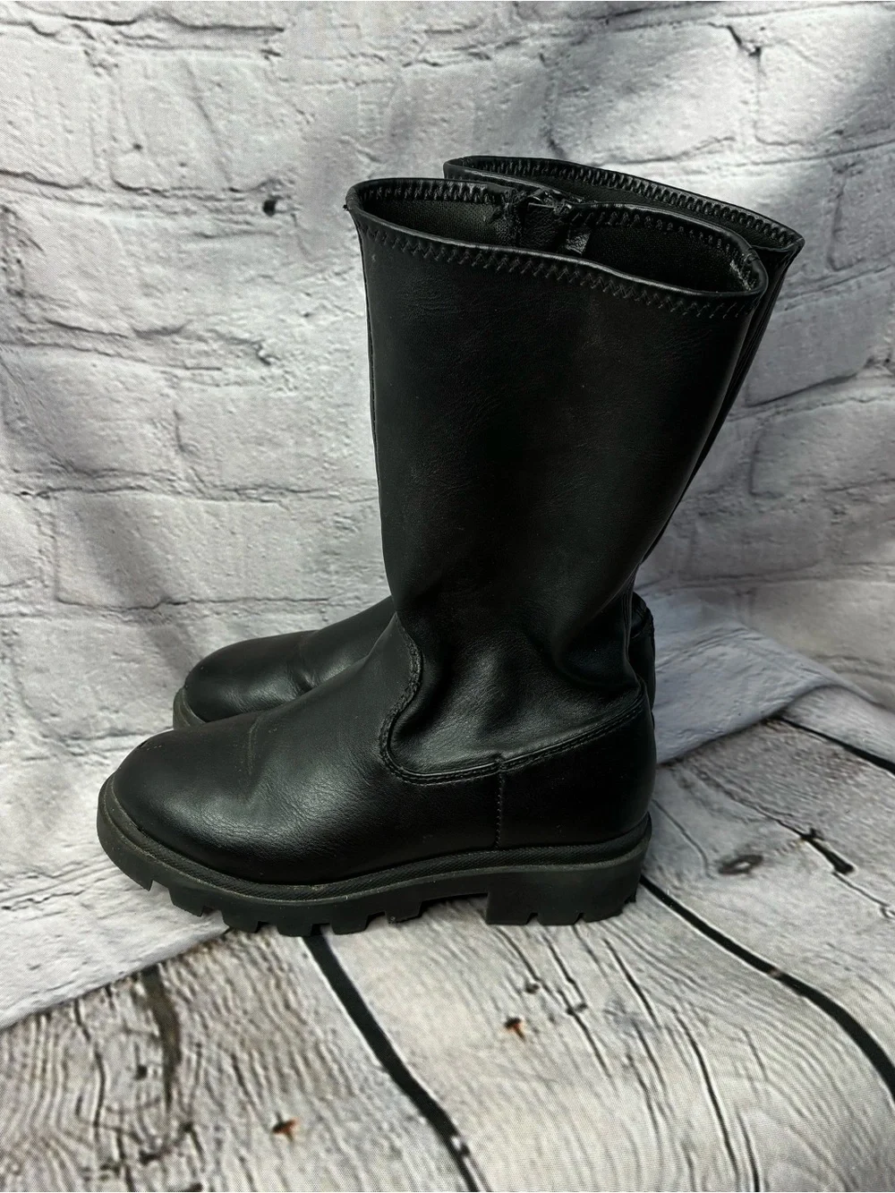 Steve Madden Girls Black Mid-Calf Zip-Up Pleather Lug Sole Boots Sz 11 AS IS GUC